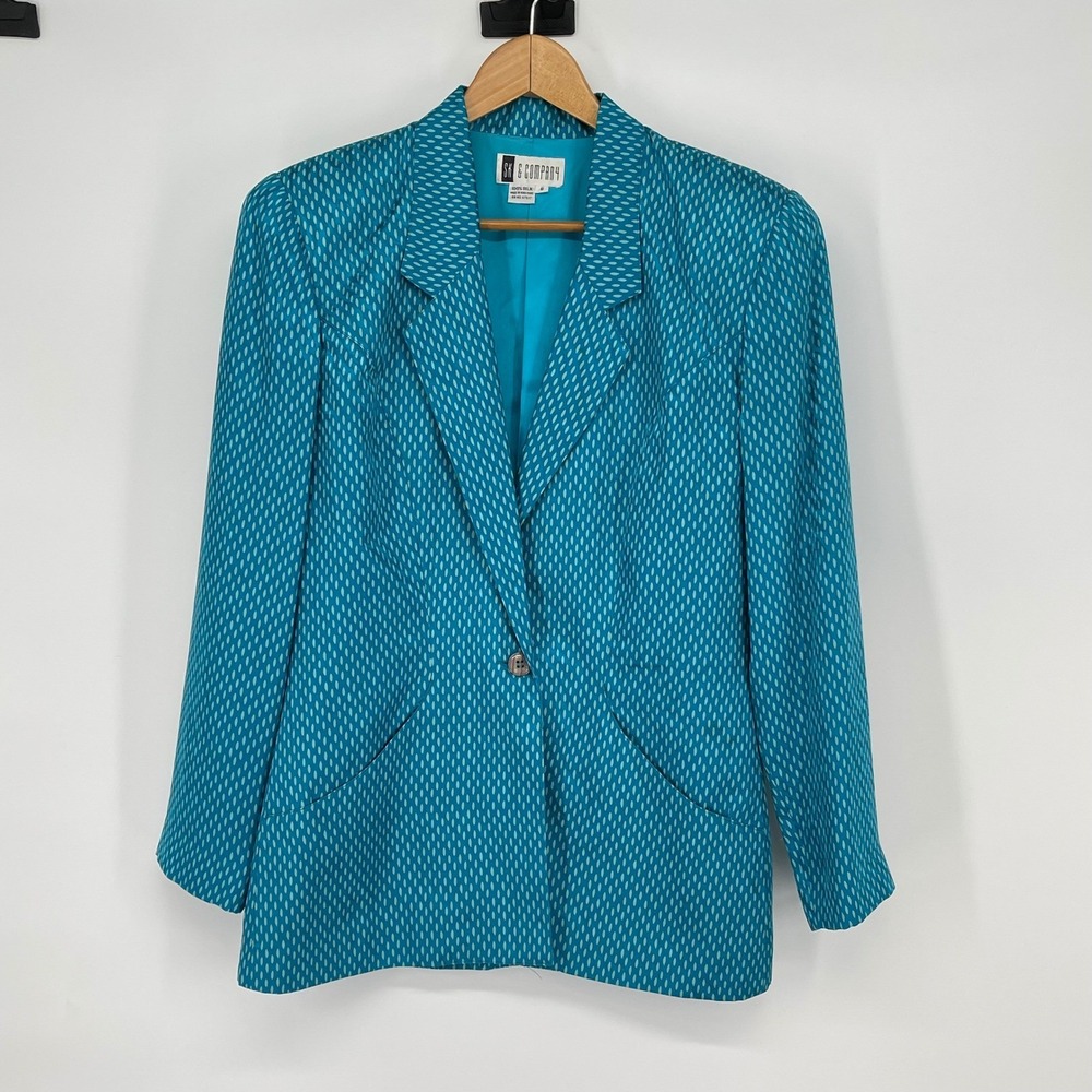 Vintage SK & Company Teal Blue Patterned Silk Blazer Jacket Size 6 Retro Artsy